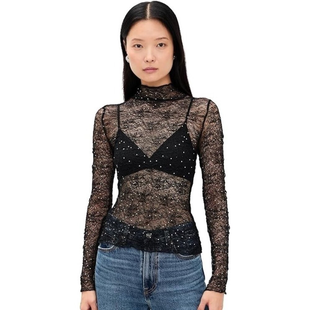 ASTR The Label Kyra Top Black Lace Sheer Rhinestone Mock Neck S NWT